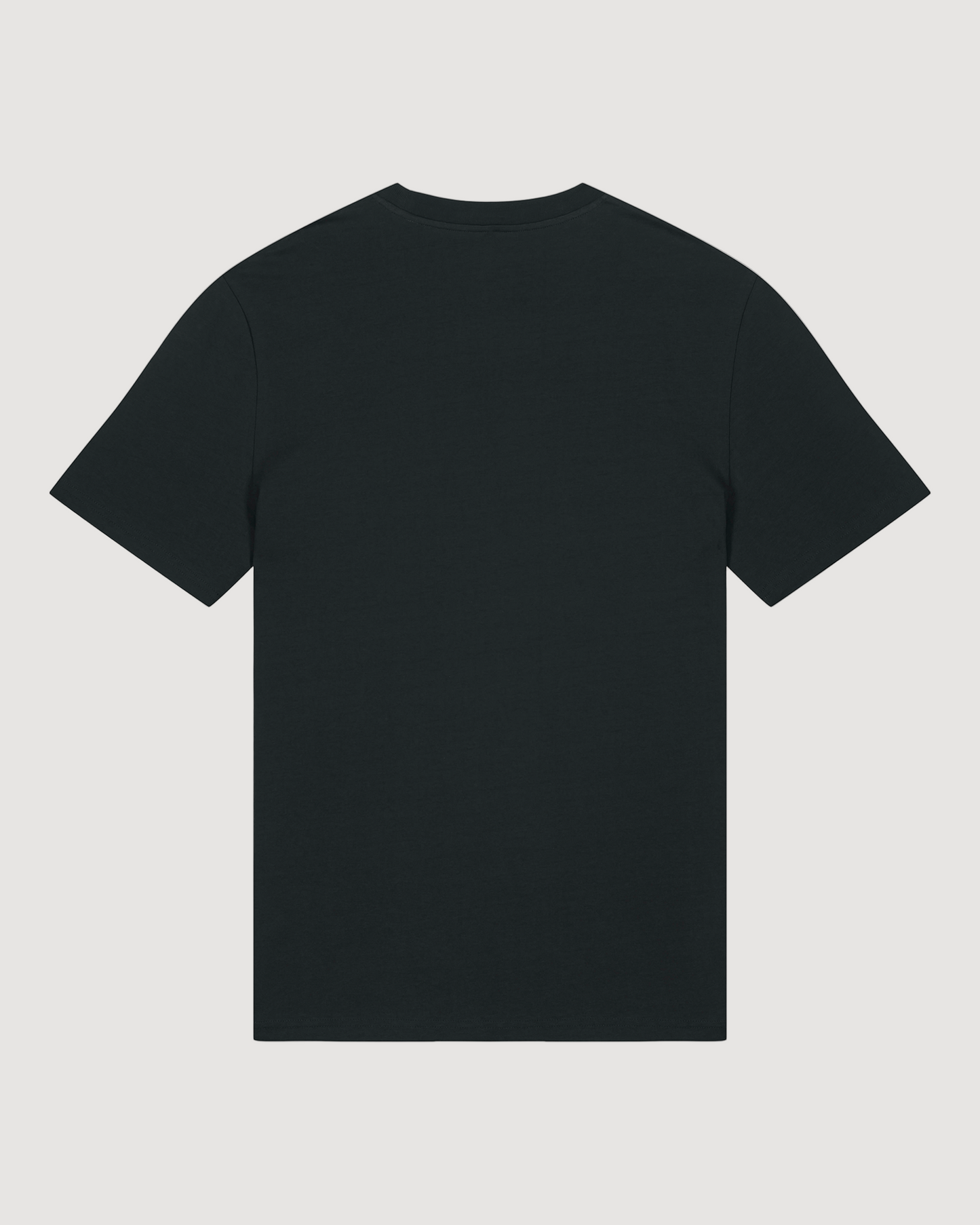 Rückansicht eines schlichten, Schwarzen T-Shirts ohne Print oder Detail – einfarbig und minimalistisch.